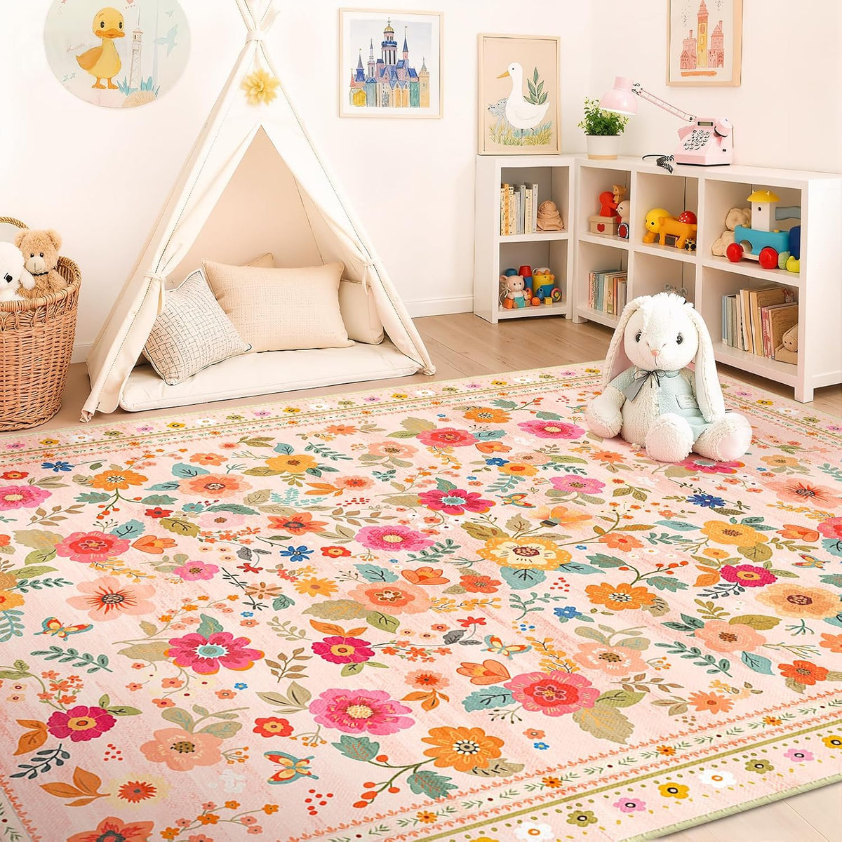 Washable Floral Area Rug for Living Room 5x7 Pink Beige