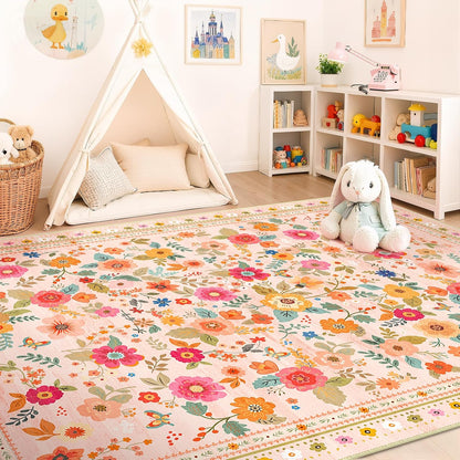 Washable Floral Area Rug for Living Room 5x7 Pink Beige