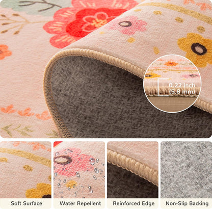 Washable Floral Area Rug for Living Room 5x7 Pink Beige