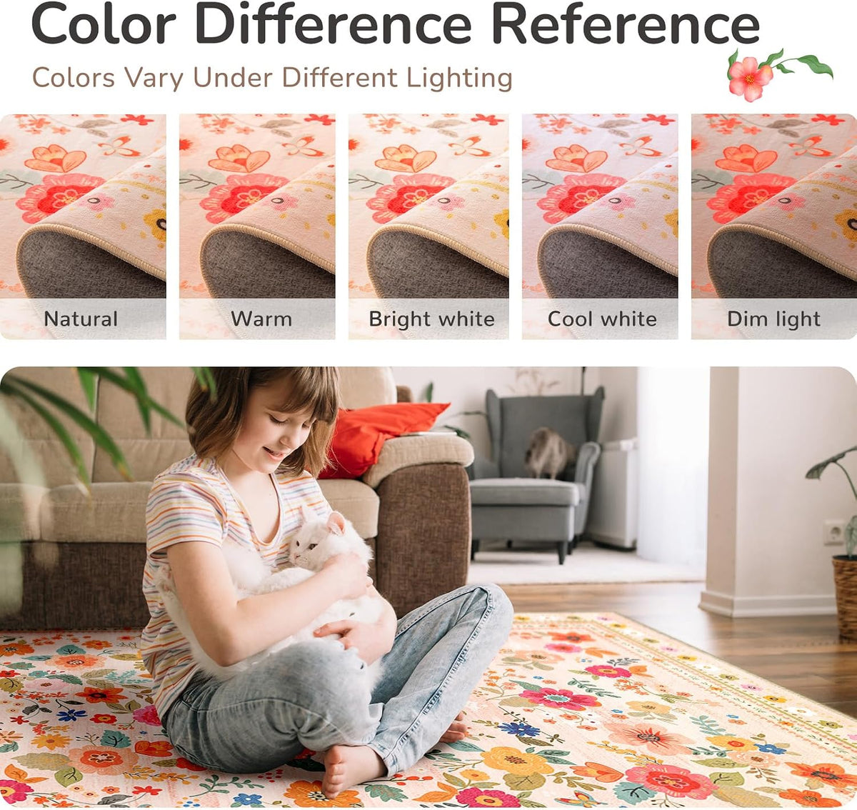 Washable Floral Area Rug for Living Room 5x7 Pink Beige