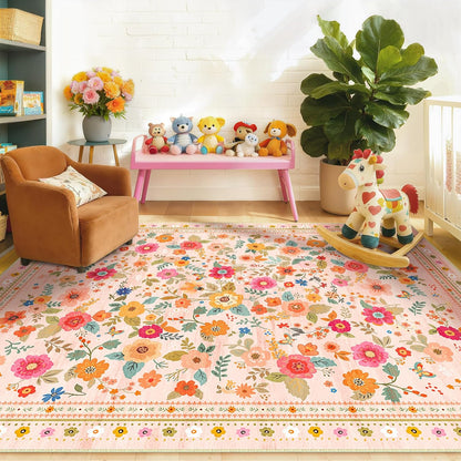 Washable Floral Area Rug for Living Room 5x7 Pink Beige