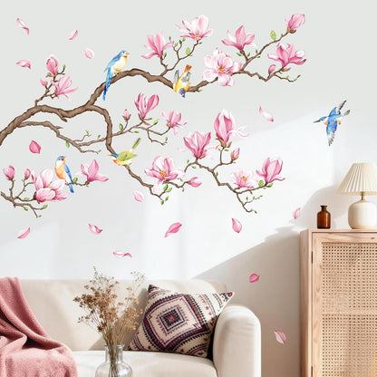 Supzopne Magnolia Tree Branch Wall Decal - 40" x 35.4" Pink Flower Birds Vinyl Stickers for Living Room Bedroom Home Decor, Removable Peel and Stick Spring Floral Wall Art Mural
