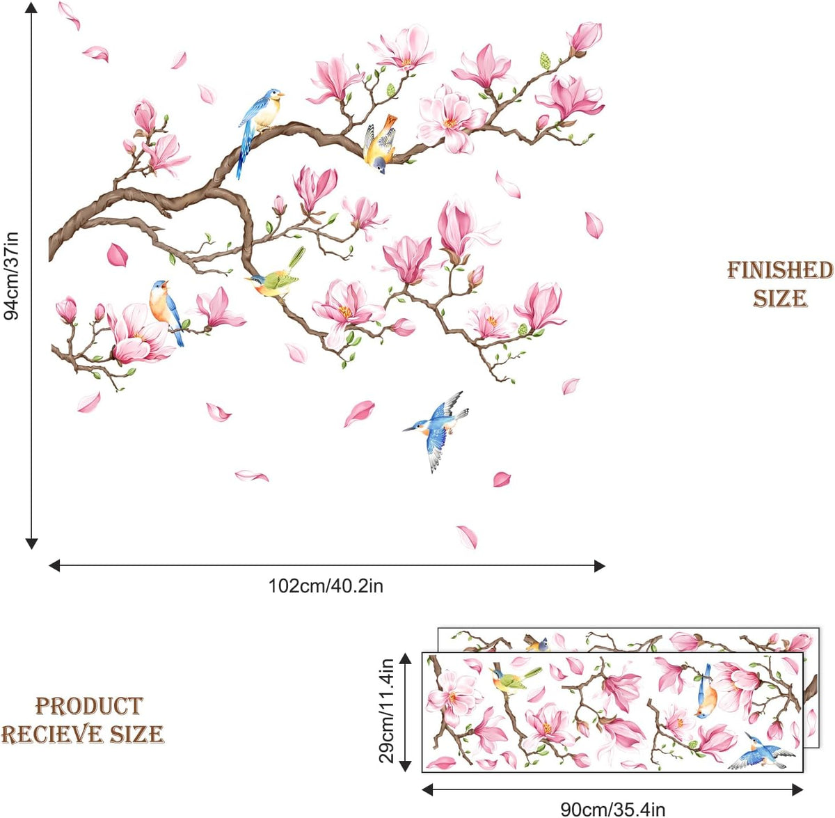 Supzopne Magnolia Tree Branch Wall Decal - 40" x 35.4" Pink Flower Birds Vinyl Stickers for Living Room Bedroom Home Decor, Removable Peel and Stick Spring Floral Wall Art Mural