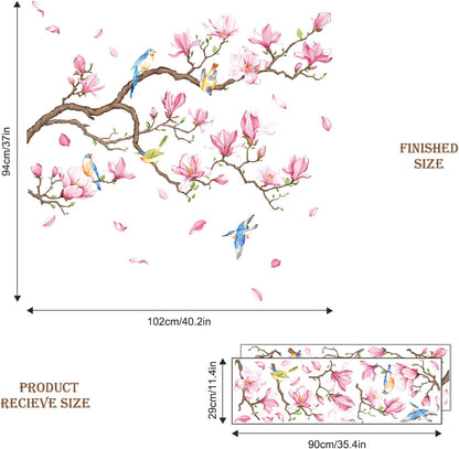 Supzopne Magnolia Tree Branch Wall Decal - 40" x 35.4" Pink Flower Birds Vinyl Stickers for Living Room Bedroom Home Decor, Removable Peel and Stick Spring Floral Wall Art Mural