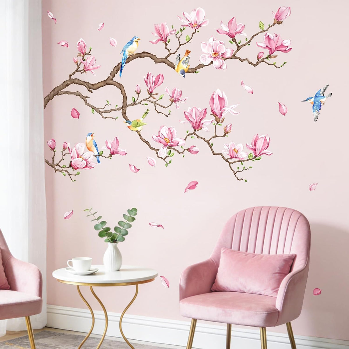 Supzopne Magnolia Tree Branch Wall Decal - 40" x 35.4" Pink Flower Birds Vinyl Stickers for Living Room Bedroom Home Decor, Removable Peel and Stick Spring Floral Wall Art Mural