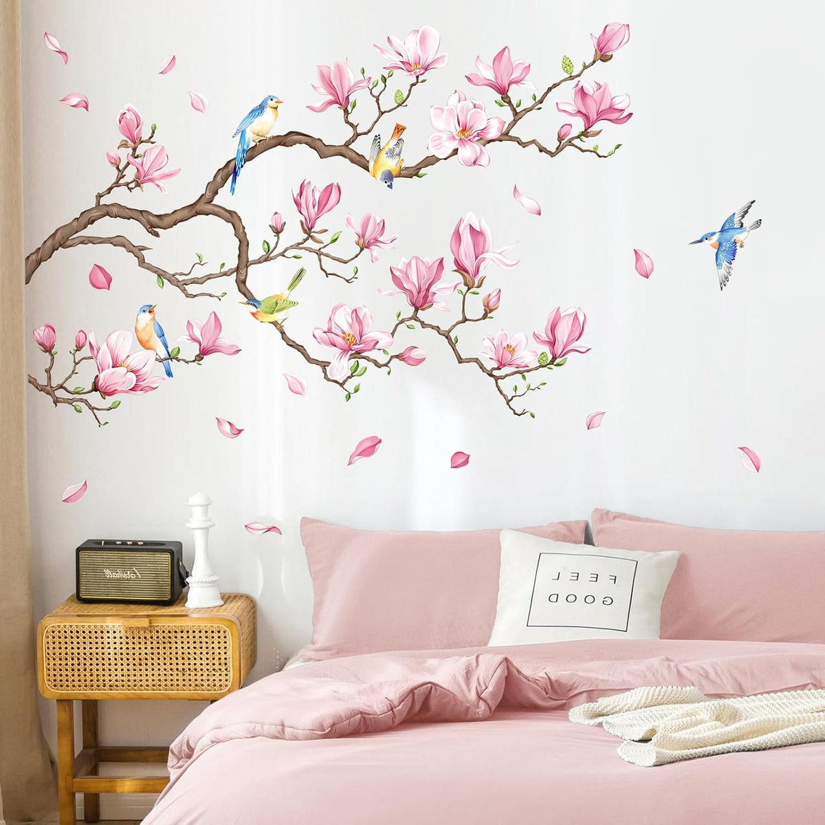 Supzopne Magnolia Tree Branch Wall Decal - 40" x 35.4" Pink Flower Birds Vinyl Stickers for Living Room Bedroom Home Decor, Removable Peel and Stick Spring Floral Wall Art Mural