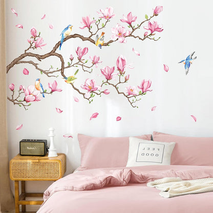 Supzopne Magnolia Tree Branch Wall Decal - 40" x 35.4" Pink Flower Birds Vinyl Stickers for Living Room Bedroom Home Decor, Removable Peel and Stick Spring Floral Wall Art Mural