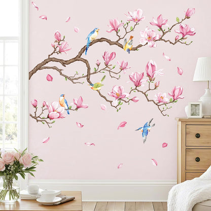 Supzopne Magnolia Tree Branch Wall Decal - 40" x 35.4" Pink Flower Birds Vinyl Stickers for Living Room Bedroom Home Decor, Removable Peel and Stick Spring Floral Wall Art Mural