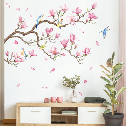 Supzopne Magnolia Tree Branch Wall Decal - 40" x 35.4" Pink Flower Birds Vinyl Stickers for Living Room Bedroom Home Decor, Removable Peel and Stick Spring Floral Wall Art Mural