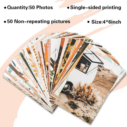 50PCS Boho Aesthetic Pictures Wall Collage Kit, Peach Teal Photo Collection Collage Dorm Decor for Girl Teens and Women, Orange Boho Wall Prints Kit, Small Posters for Room Bedroom Aesthetic