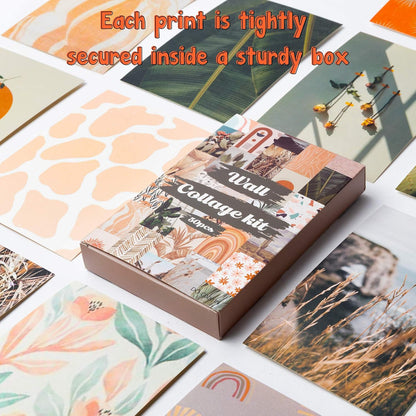 50PCS Boho Aesthetic Pictures Wall Collage Kit, Peach Teal Photo Collection Collage Dorm Decor for Girl Teens and Women, Orange Boho Wall Prints Kit, Small Posters for Room Bedroom Aesthetic