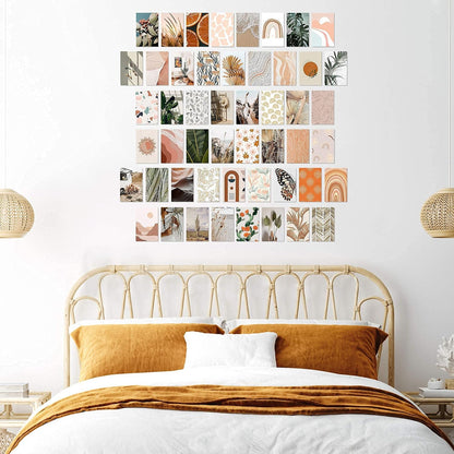 50PCS Boho Aesthetic Pictures Wall Collage Kit, Peach Teal Photo Collection Collage Dorm Decor for Girl Teens and Women, Orange Boho Wall Prints Kit, Small Posters for Room Bedroom Aesthetic