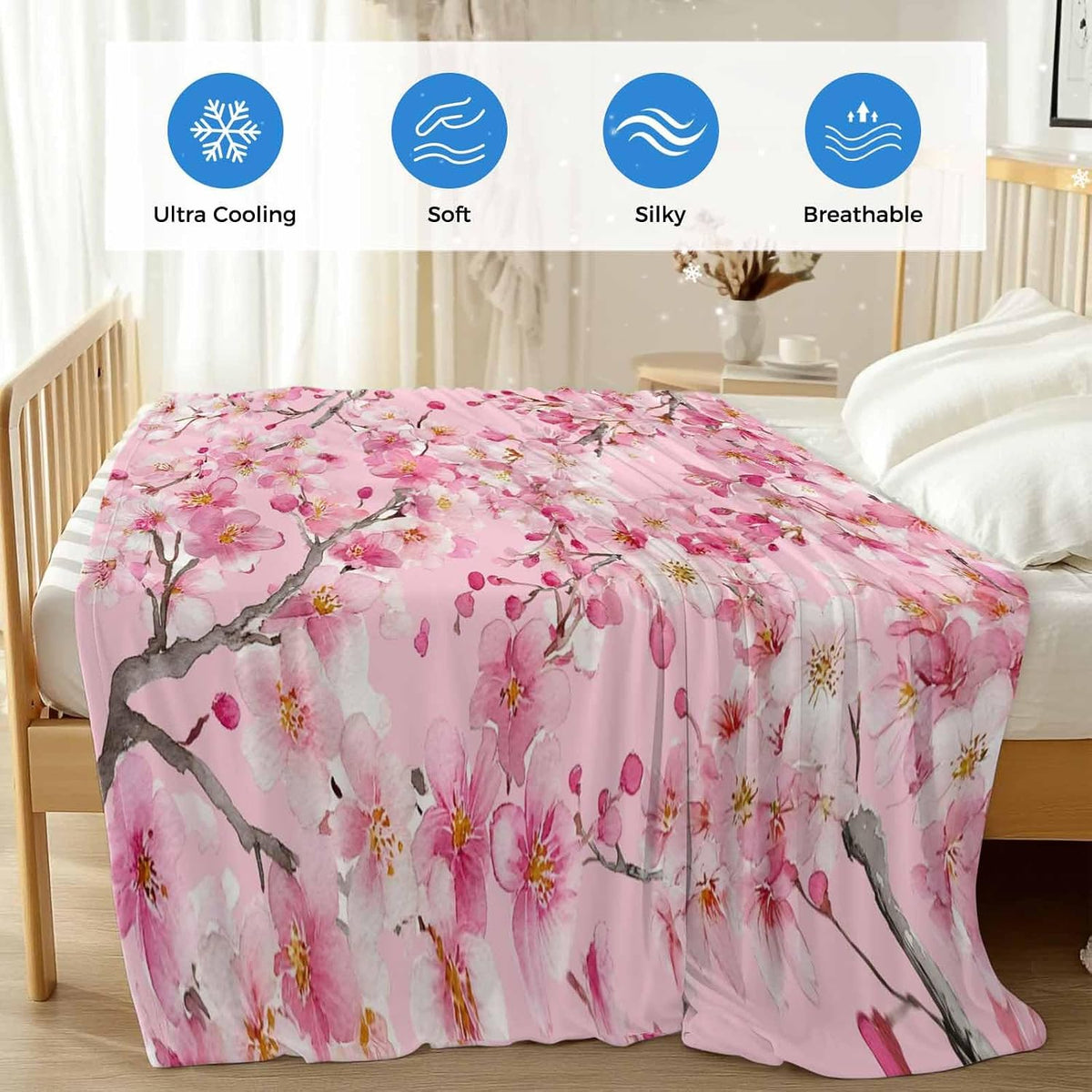 Cooling Blanket for Hot Sleepers, Spring Peaches Lightweight Breathable Summer Blanket, Botanical Blossom Flowers Branches Double-Side Cool Throw Blankets for Sleeping Travel, 30"x40"