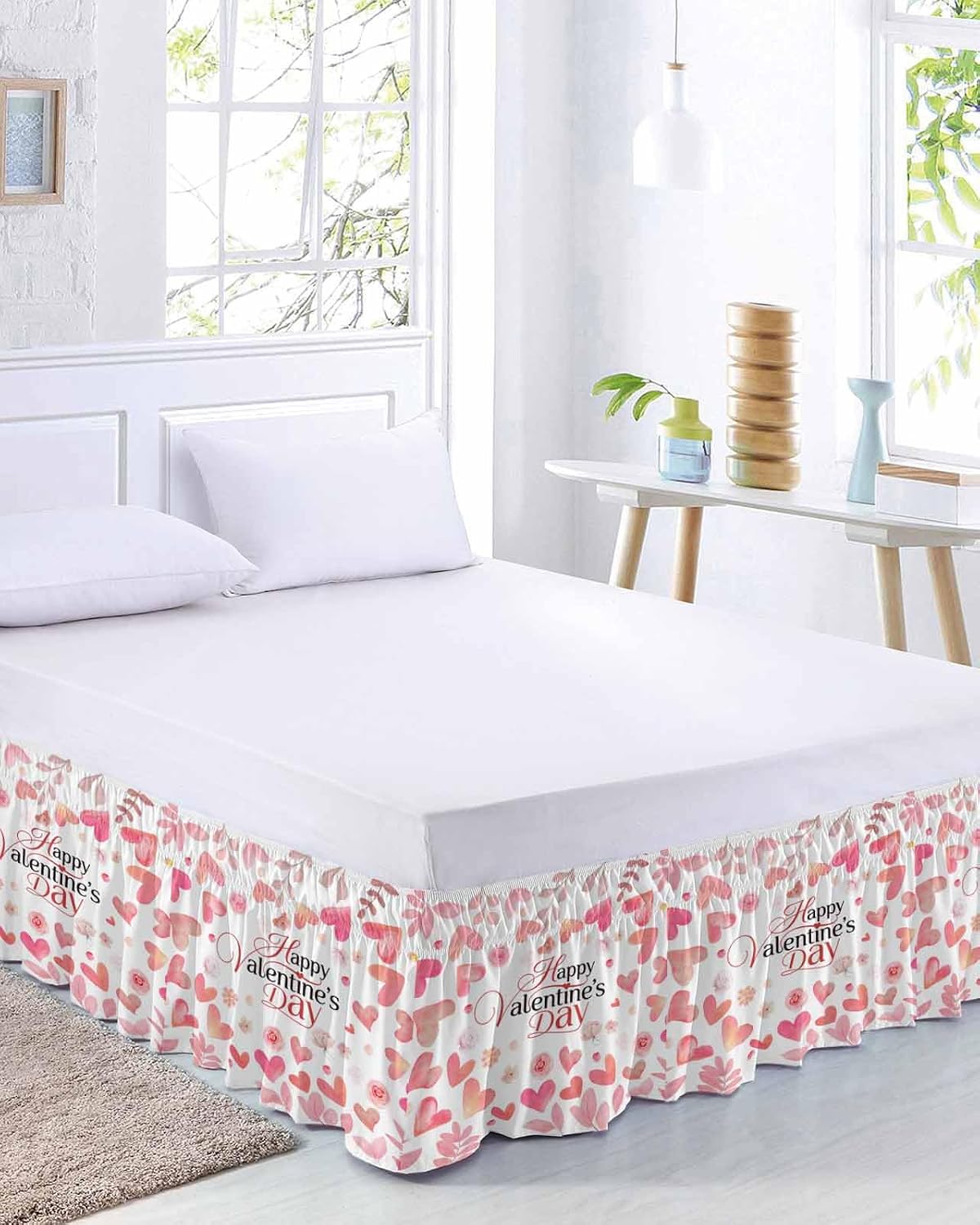Valentine's Day Bed Skirt Queen Size 16 Inch Drop, Adjustable Elastic Wrap Around Bed Skirts Easy Fitting Dust Ruffle Bedskirt Bed Frame Cover Peach Pink Love Floral Modern Romantic