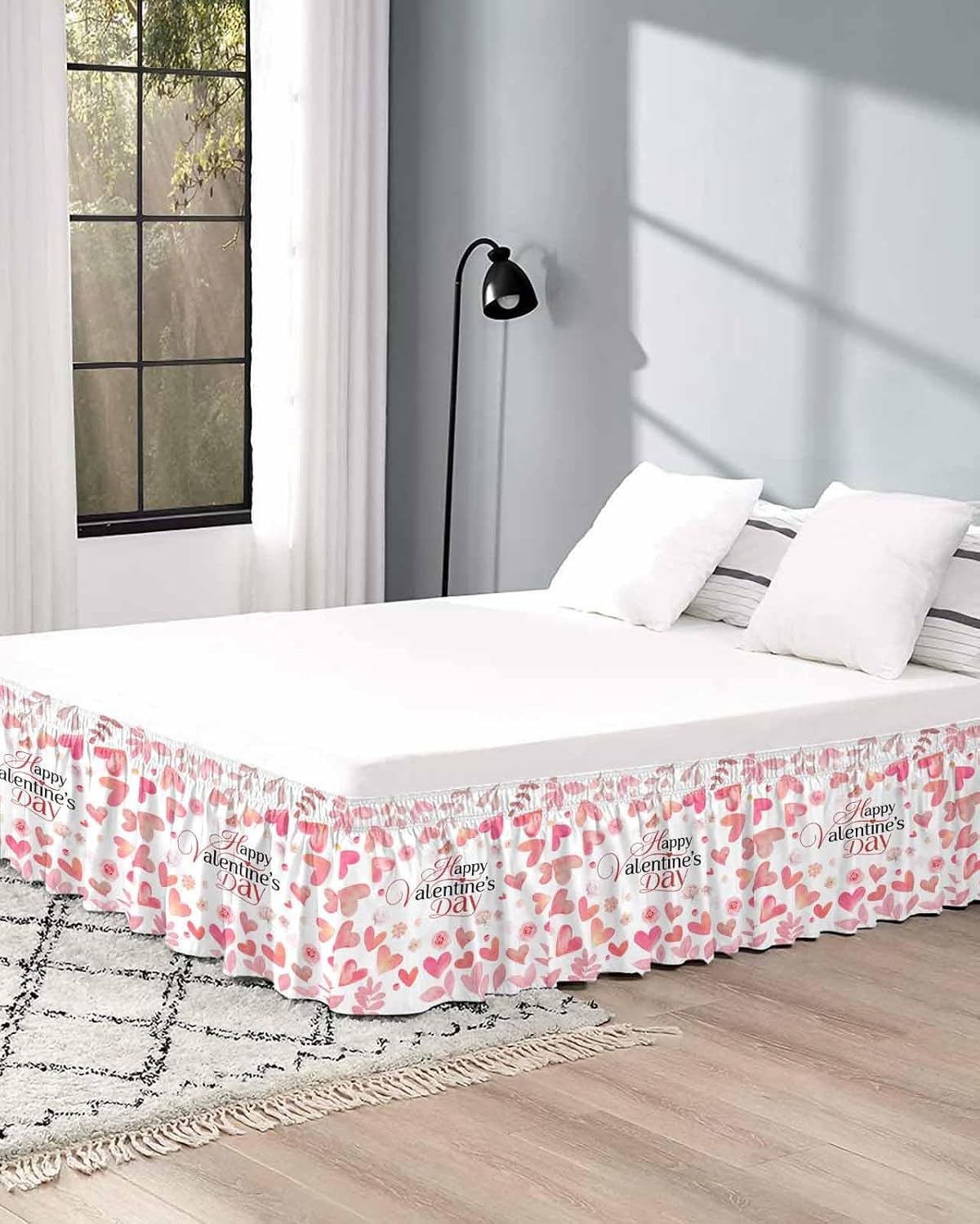 Valentine's Day Bed Skirt Queen Size 16 Inch Drop, Adjustable Elastic Wrap Around Bed Skirts Easy Fitting Dust Ruffle Bedskirt Bed Frame Cover Peach Pink Love Floral Modern Romantic
