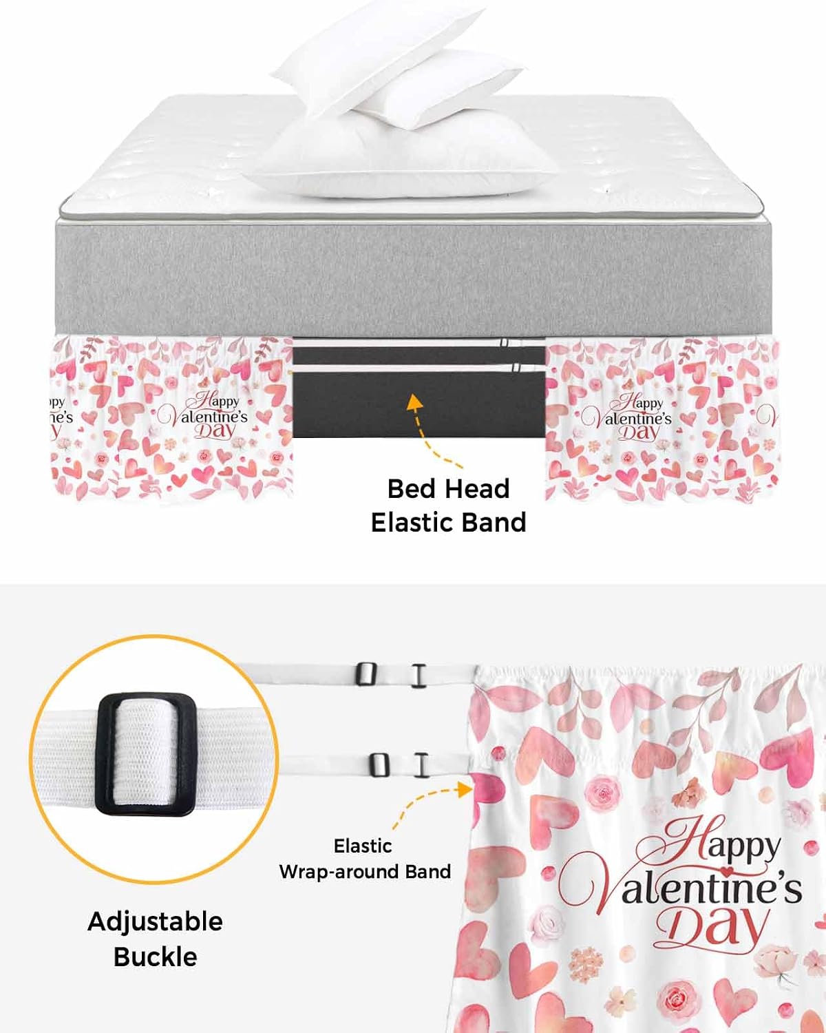 Valentine's Day Bed Skirt Queen Size 16 Inch Drop, Adjustable Elastic Wrap Around Bed Skirts Easy Fitting Dust Ruffle Bedskirt Bed Frame Cover Peach Pink Love Floral Modern Romantic