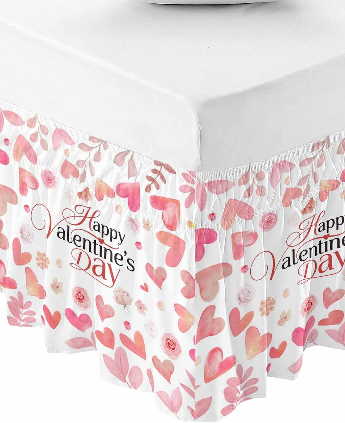 Valentine's Day Bed Skirt Queen Size 16 Inch Drop, Adjustable Elastic Wrap Around Bed Skirts Easy Fitting Dust Ruffle Bedskirt Bed Frame Cover Peach Pink Love Floral Modern Romantic