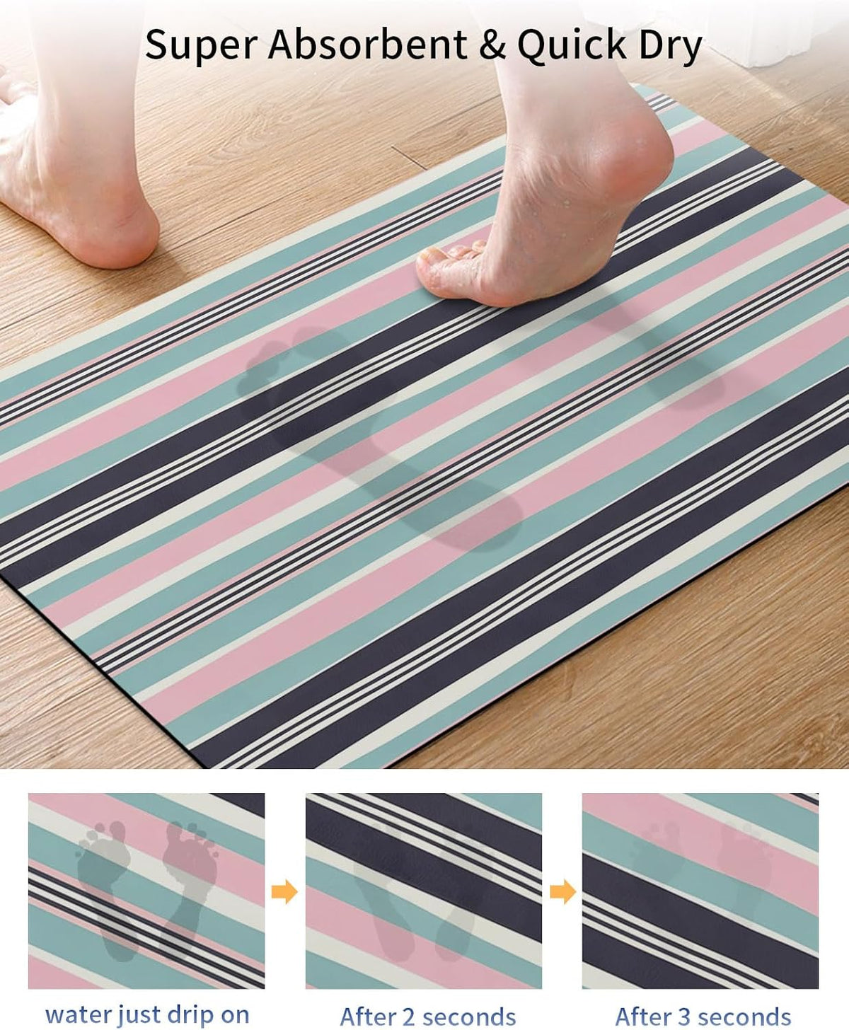 Bath Mat Absorbent Bathroom Rug,Pink Blue Black Stripes Non Slip Quick Dry Bath Rugs Diatomite Stone Shower Mat,Watercolor Lines Washable Doormat Kitchen Mats