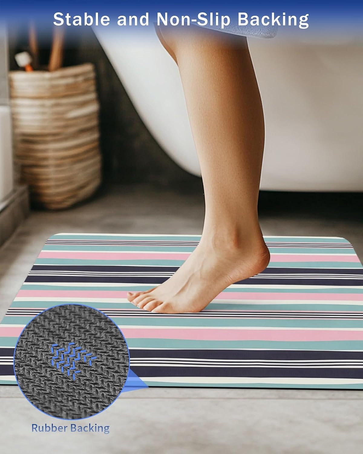 Bath Mat Absorbent Bathroom Rug,Pink Blue Black Stripes Non Slip Quick Dry Bath Rugs Diatomite Stone Shower Mat,Watercolor Lines Washable Doormat Kitchen Mats