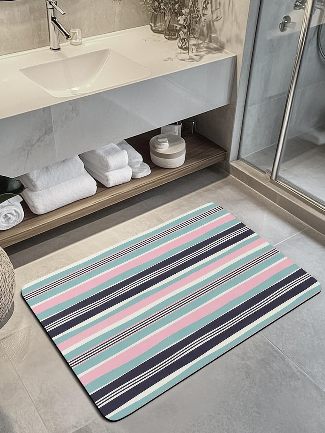 Bath Mat Absorbent Bathroom Rug,Pink Blue Black Stripes Non Slip Quick Dry Bath Rugs Diatomite Stone Shower Mat,Watercolor Lines Washable Doormat Kitchen Mats