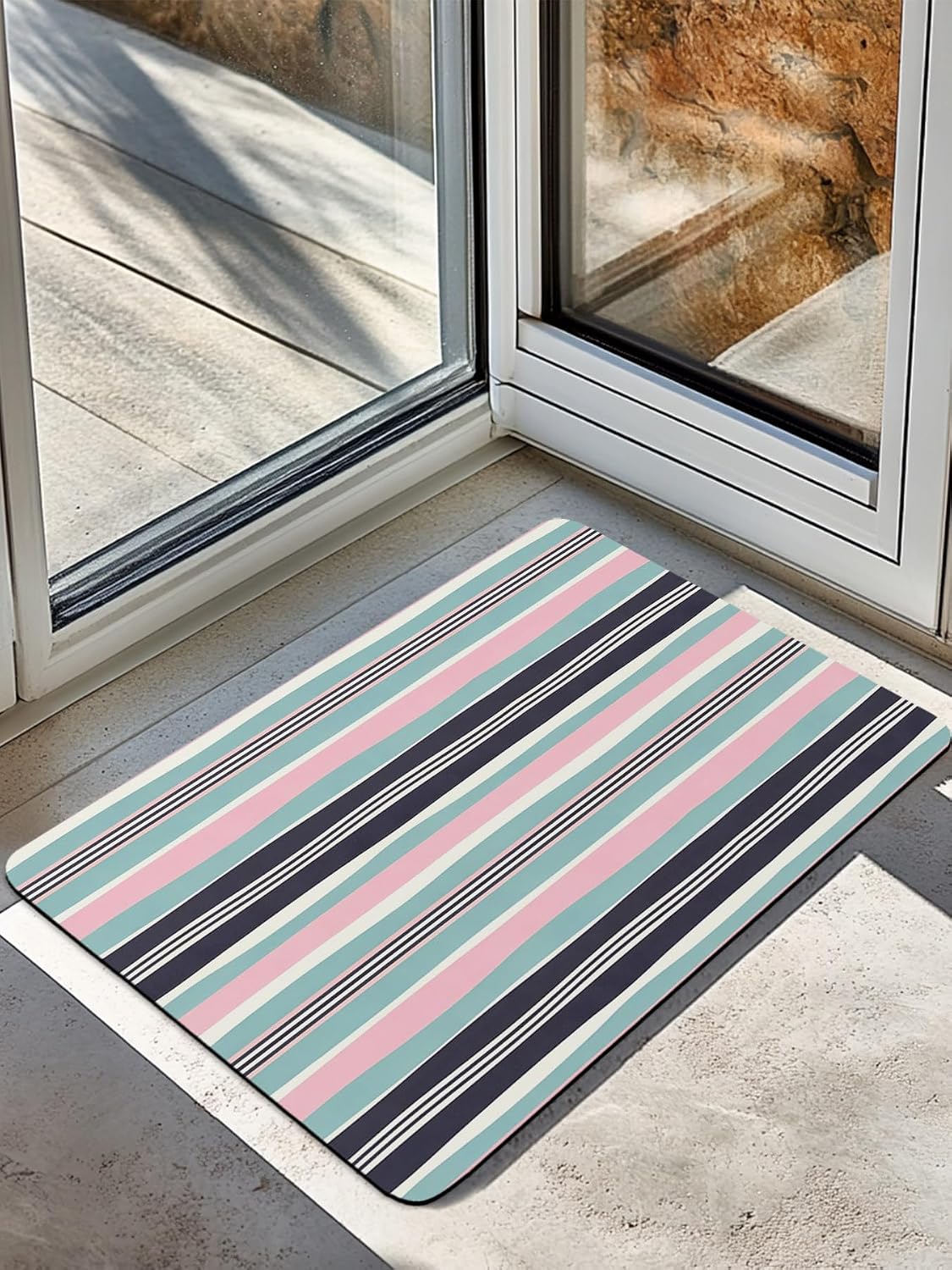 Bath Mat Absorbent Bathroom Rug,Pink Blue Black Stripes Non Slip Quick Dry Bath Rugs Diatomite Stone Shower Mat,Watercolor Lines Washable Doormat Kitchen Mats