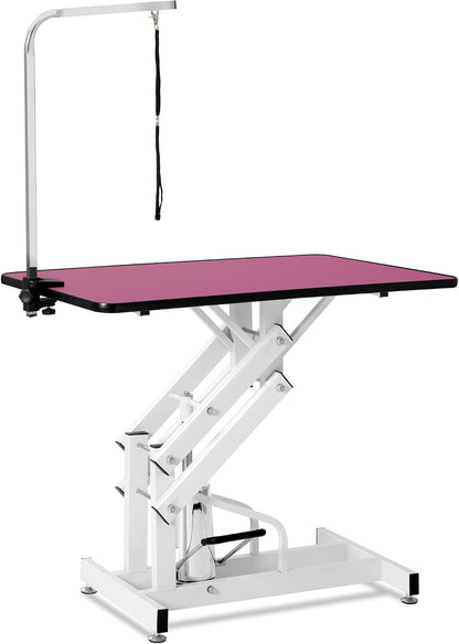 42.5" Hydraulic Dog Grooming Table for Large Dogs Heavy Duty Height Adjustable Dog Grooming Table with Overhead Arm & Noose Height Range 21-36 inch Pink