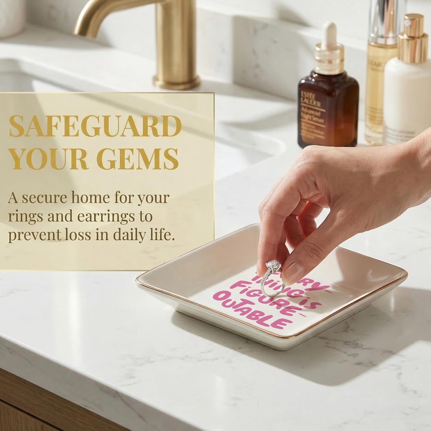 Inspirational Pink Jewelry Dish Tray, Everything Is Figureoutable Ceramic Jewelry Tray for Rings Earring, Motivational Gifts for Women, Positive Affirmation Gifts Trinket Dish for Women
