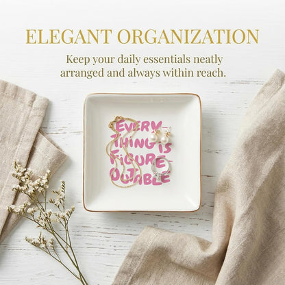 Inspirational Pink Jewelry Dish Tray, Everything Is Figureoutable Ceramic Jewelry Tray for Rings Earring, Motivational Gifts for Women, Positive Affirmation Gifts Trinket Dish for Women