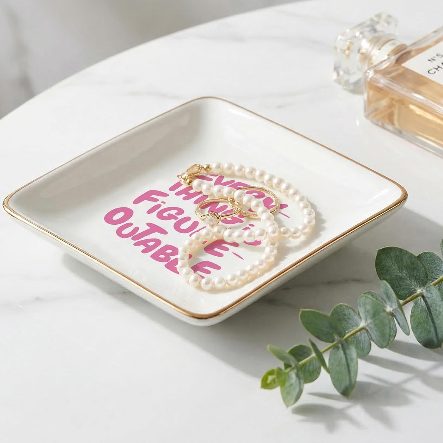 Inspirational Pink Jewelry Dish Tray, Everything Is Figureoutable Ceramic Jewelry Tray for Rings Earring, Motivational Gifts for Women, Positive Affirmation Gifts Trinket Dish for Women