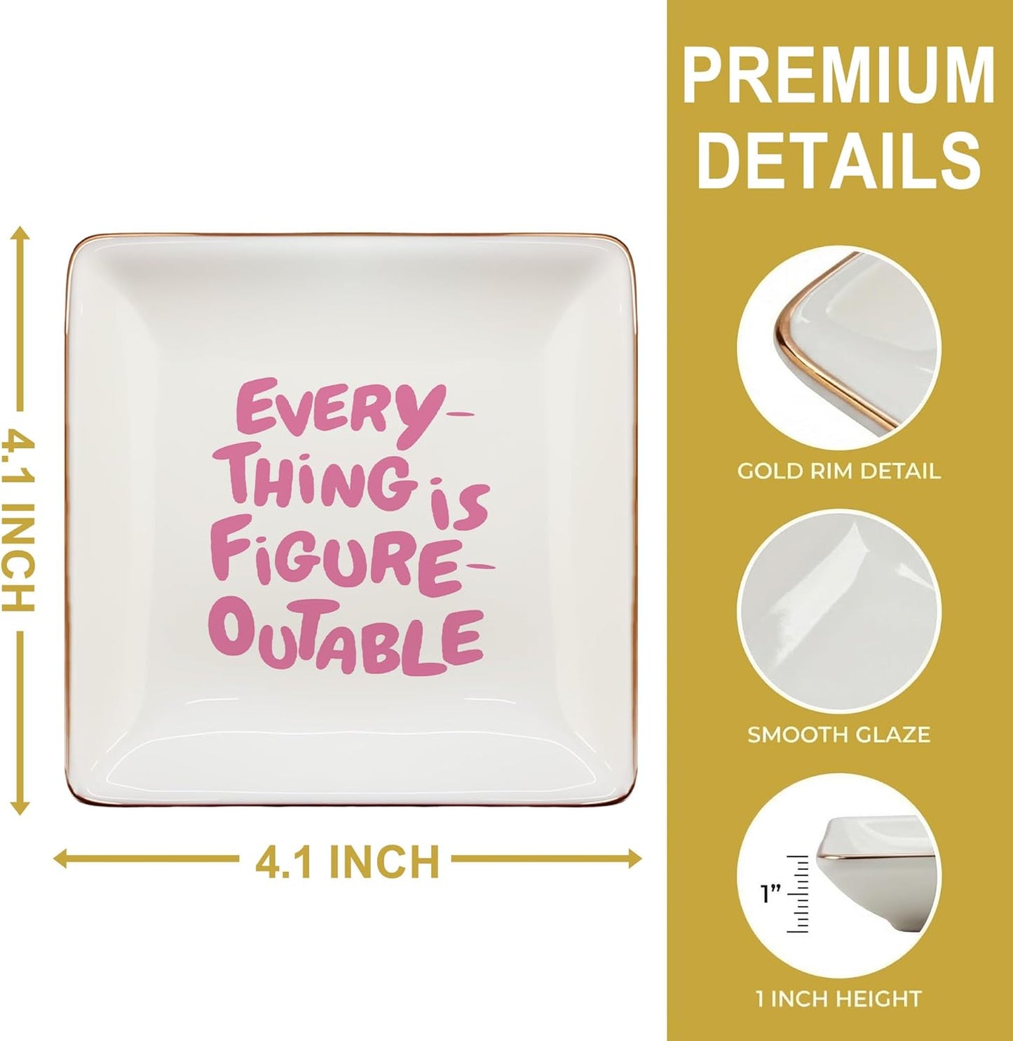 Inspirational Pink Jewelry Dish Tray, Everything Is Figureoutable Ceramic Jewelry Tray for Rings Earring, Motivational Gifts for Women, Positive Affirmation Gifts Trinket Dish for Women