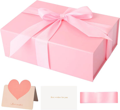 Pink Gift Box 11’’x7.2”x3.5”, Glossy Magnetic Gift Box with Lid for Present Contains 1-1/2’’ Widened Ribbon, Liner Paper, Card for Christmas, Valentine's Day, Wedding, Birthday