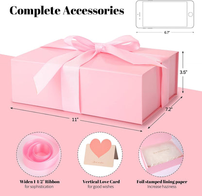 Pink Gift Box 11’’x7.2”x3.5”, Glossy Magnetic Gift Box with Lid for Present Contains 1-1/2’’ Widened Ribbon, Liner Paper, Card for Christmas, Valentine's Day, Wedding, Birthday