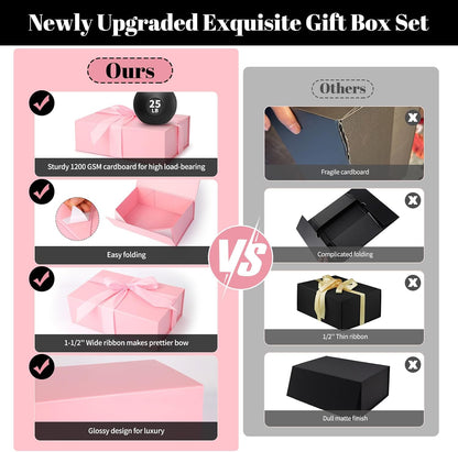 Pink Gift Box 11’’x7.2”x3.5”, Glossy Magnetic Gift Box with Lid for Present Contains 1-1/2’’ Widened Ribbon, Liner Paper, Card for Christmas, Valentine's Day, Wedding, Birthday