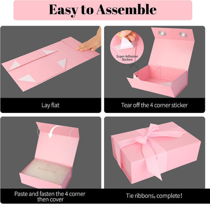Pink Gift Box 11’’x7.2”x3.5”, Glossy Magnetic Gift Box with Lid for Present Contains 1-1/2’’ Widened Ribbon, Liner Paper, Card for Christmas, Valentine's Day, Wedding, Birthday