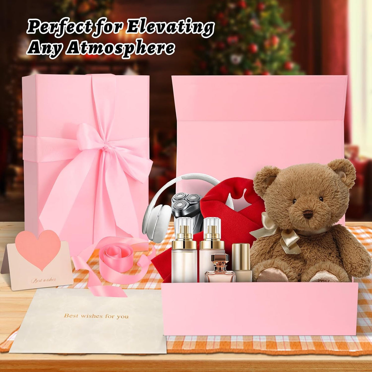 Pink Gift Box 11’’x7.2”x3.5”, Glossy Magnetic Gift Box with Lid for Present Contains 1-1/2’’ Widened Ribbon, Liner Paper, Card for Christmas, Valentine's Day, Wedding, Birthday