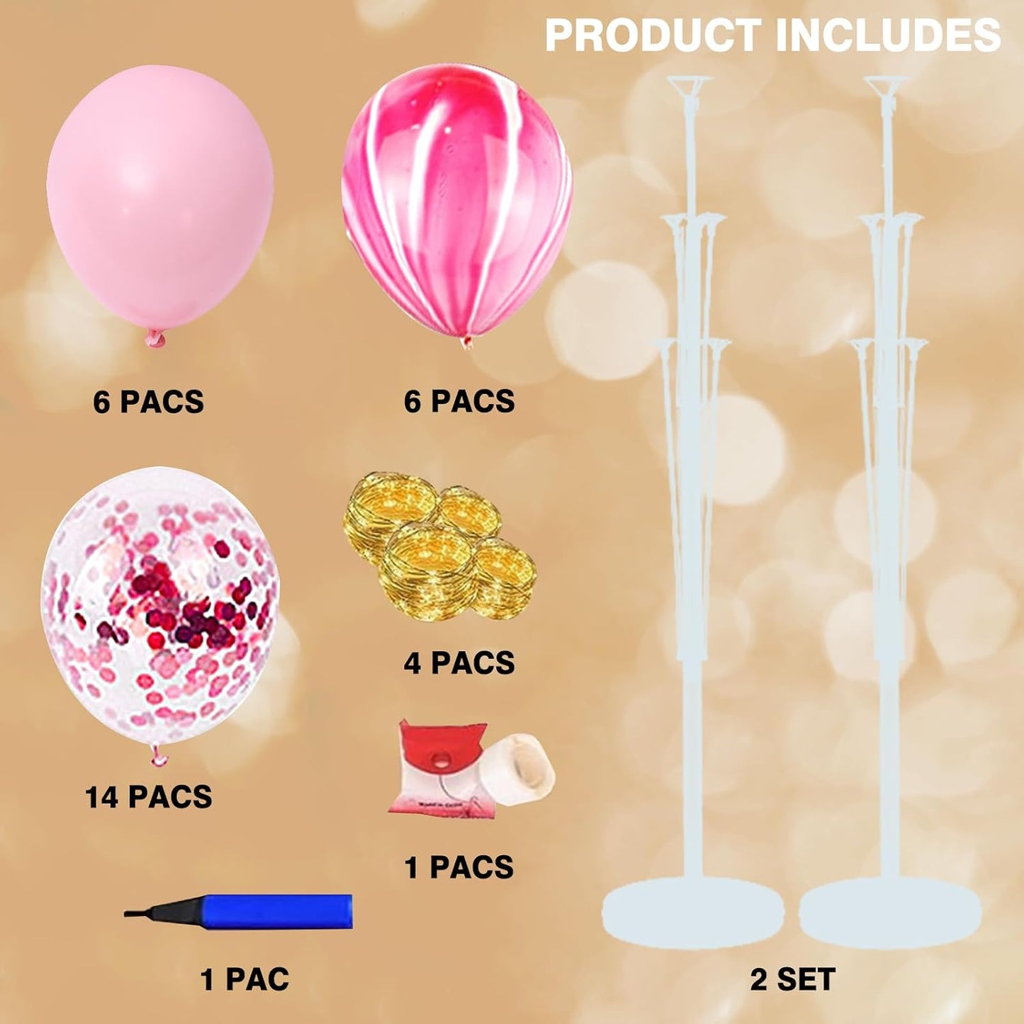2 Sets Balloon Arch Stand with Base and String Light + 26pcs Balloons,Balloon Column Stand Kit for Floor Decorations for Baby Shower Graduation Birthday Halloween Wedding Party