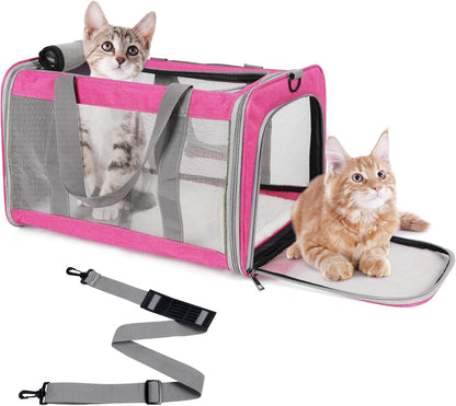 Pet Carrier for Large Cats of 16 Lbs, Collapsible Carrier Bag for Medium Cat or Kittens,Soft Sided Puppy Carrier with Sturdy Travel Transport Strap, Adequate Ventilation, 4 Mesh Windows (Pink)