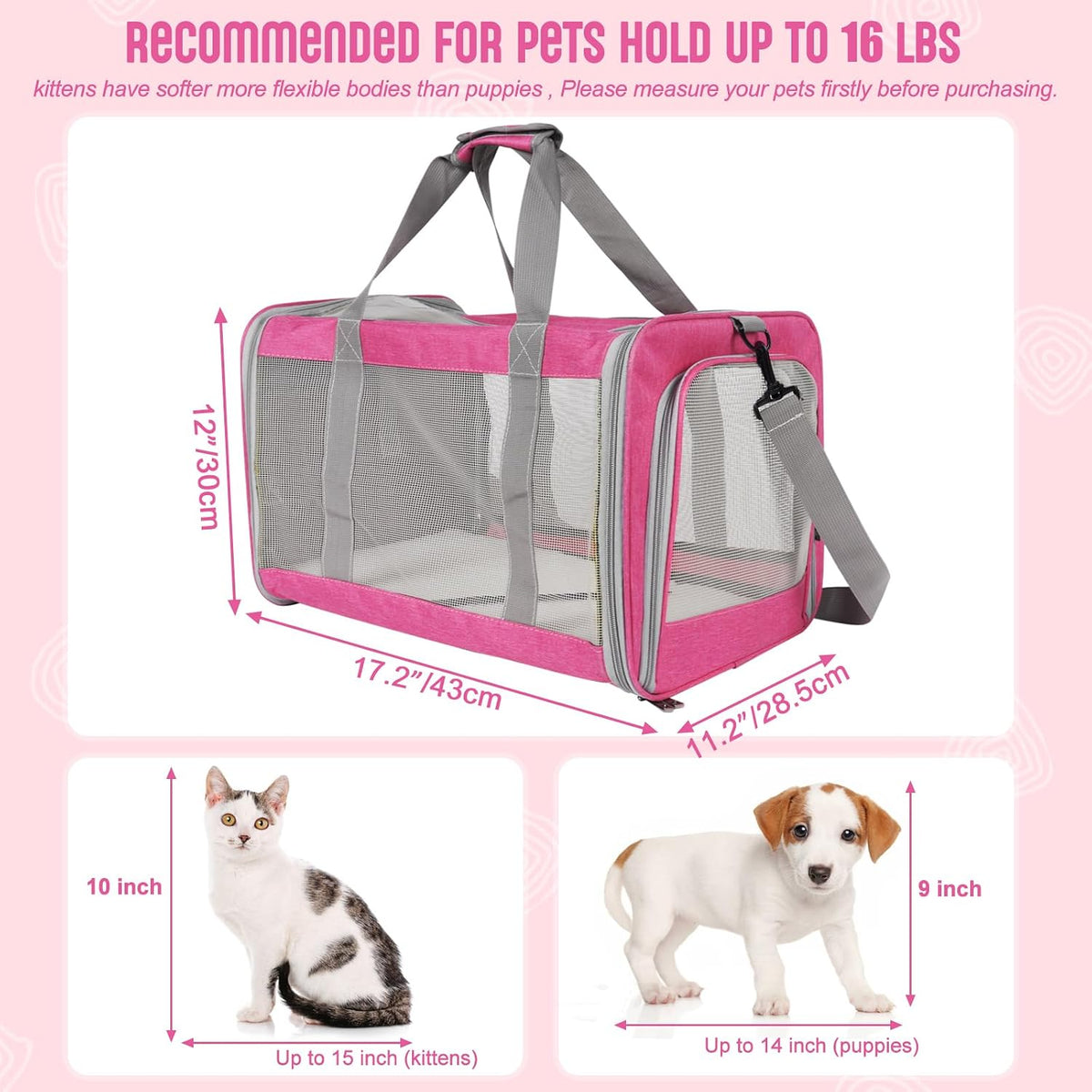 Pet Carrier for Large Cats of 16 Lbs, Collapsible Carrier Bag for Medium Cat or Kittens,Soft Sided Puppy Carrier with Sturdy Travel Transport Strap, Adequate Ventilation, 4 Mesh Windows (Pink)