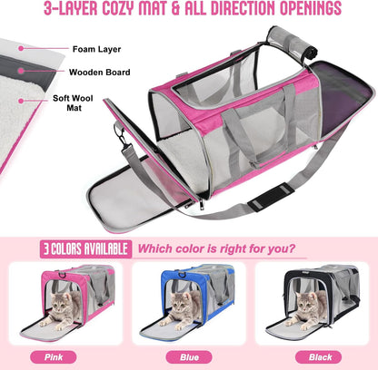 Pet Carrier for Large Cats of 16 Lbs, Collapsible Carrier Bag for Medium Cat or Kittens,Soft Sided Puppy Carrier with Sturdy Travel Transport Strap, Adequate Ventilation, 4 Mesh Windows (Pink)