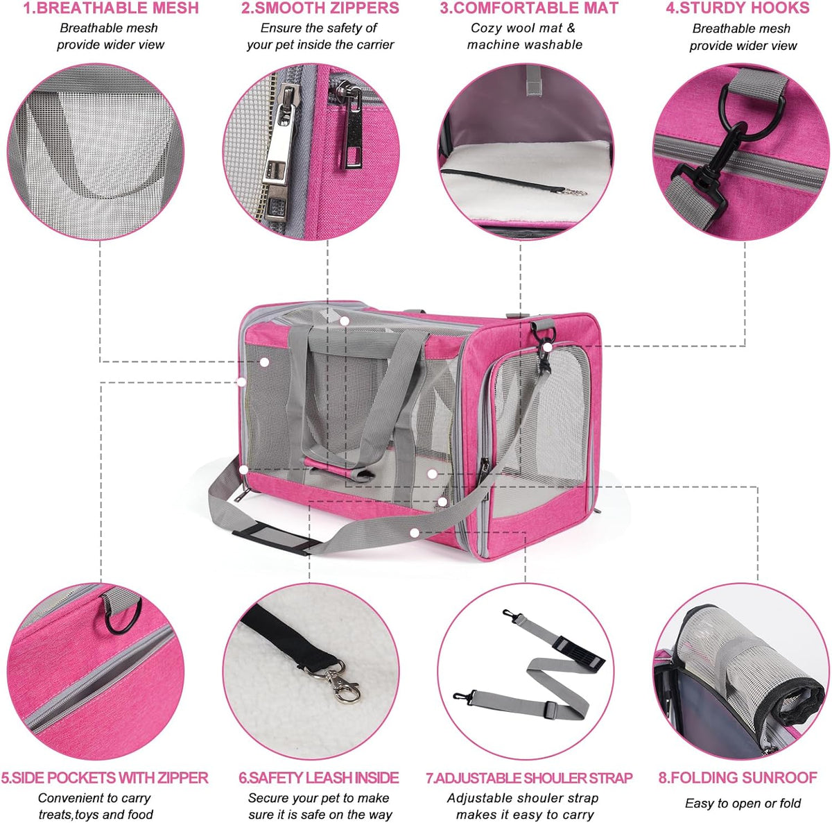 Pet Carrier for Large Cats of 16 Lbs, Collapsible Carrier Bag for Medium Cat or Kittens,Soft Sided Puppy Carrier with Sturdy Travel Transport Strap, Adequate Ventilation, 4 Mesh Windows (Pink)