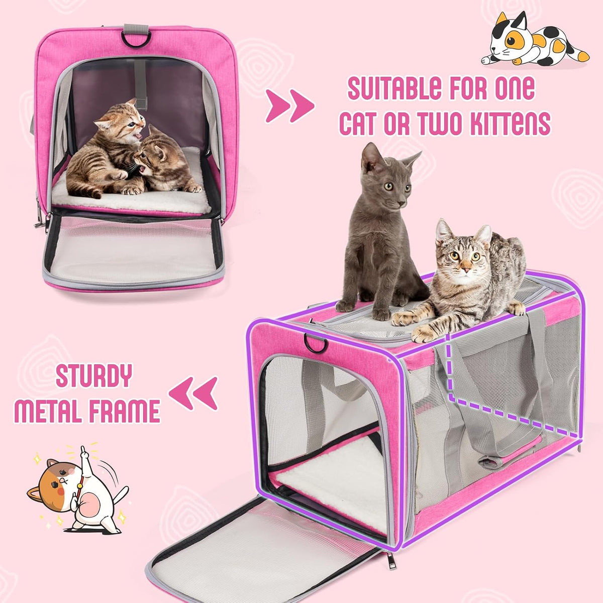 Pet Carrier for Large Cats of 16 Lbs, Collapsible Carrier Bag for Medium Cat or Kittens,Soft Sided Puppy Carrier with Sturdy Travel Transport Strap, Adequate Ventilation, 4 Mesh Windows (Pink)
