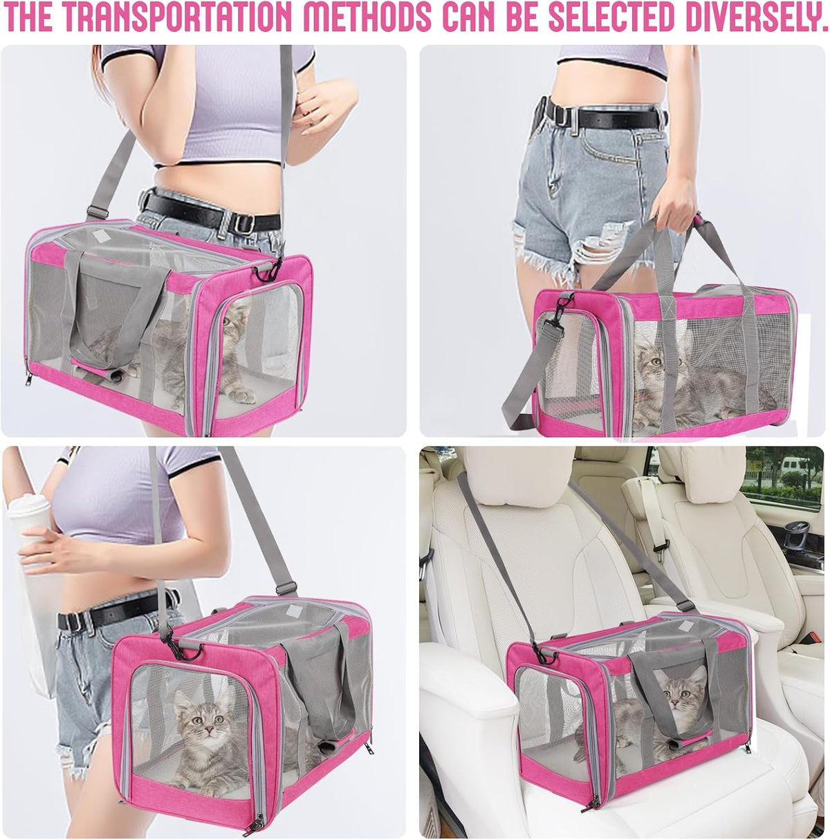 Pet Carrier for Large Cats of 16 Lbs, Collapsible Carrier Bag for Medium Cat or Kittens,Soft Sided Puppy Carrier with Sturdy Travel Transport Strap, Adequate Ventilation, 4 Mesh Windows (Pink)