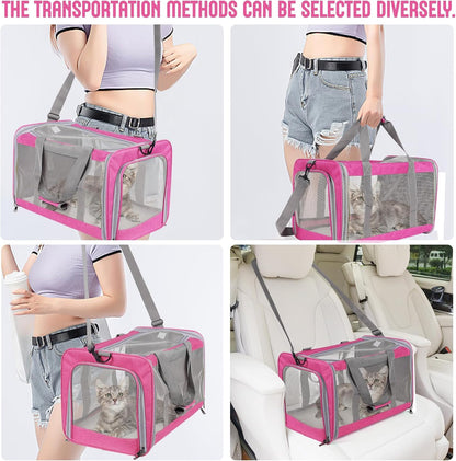 Pet Carrier for Large Cats of 16 Lbs, Collapsible Carrier Bag for Medium Cat or Kittens,Soft Sided Puppy Carrier with Sturdy Travel Transport Strap, Adequate Ventilation, 4 Mesh Windows (Pink)
