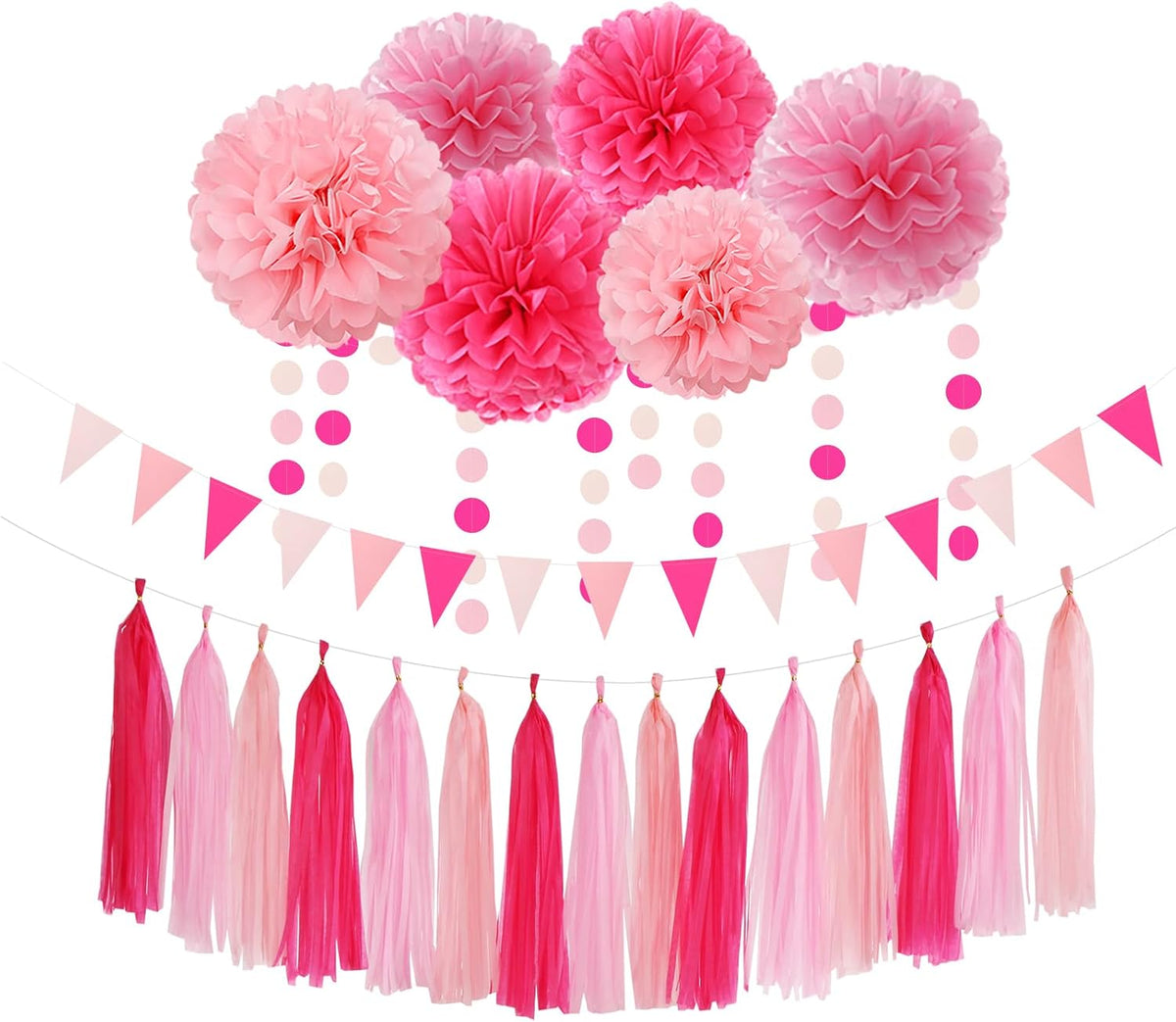 Galentines Valentines-Day Hot-Pink Party-Decorations - 23pcs Girl Birthday Baby Shower Tissue Pom Poms Streamers, Bachelorette Bridal Wedding Engagement Supplies Tassel Garland Banner Decor