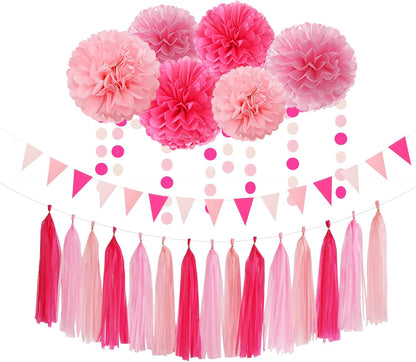 Galentines Valentines-Day Hot-Pink Party-Decorations - 23pcs Girl Birthday Baby Shower Tissue Pom Poms Streamers, Bachelorette Bridal Wedding Engagement Supplies Tassel Garland Banner Decor