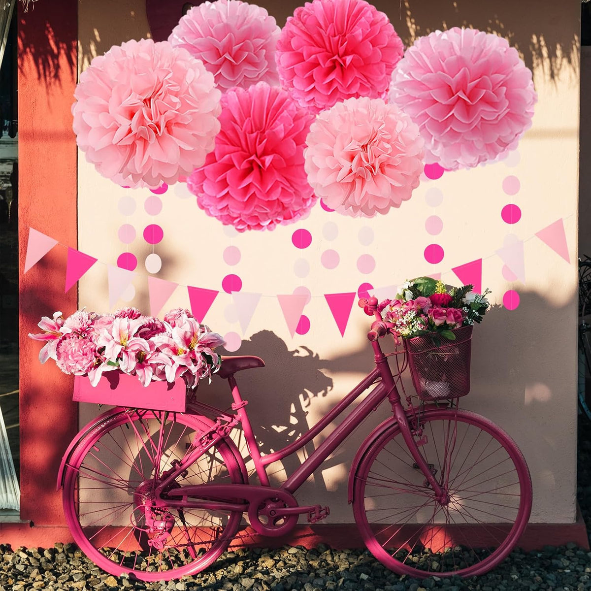 Galentines Valentines-Day Hot-Pink Party-Decorations - 23pcs Girl Birthday Baby Shower Tissue Pom Poms Streamers, Bachelorette Bridal Wedding Engagement Supplies Tassel Garland Banner Decor