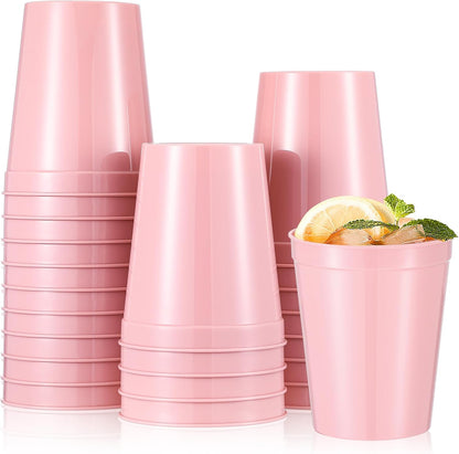 24 Pcs Stadium Plastic Cups Reusable Stackable Bulk, 16oz, Pink