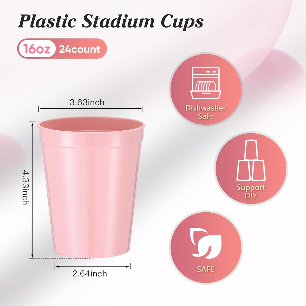 24 Pcs Stadium Plastic Cups Reusable Stackable Bulk, 16oz, Pink