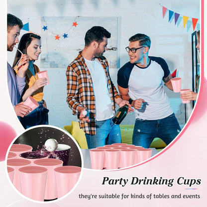 24 Pcs Stadium Plastic Cups Reusable Stackable Bulk, 16oz, Pink