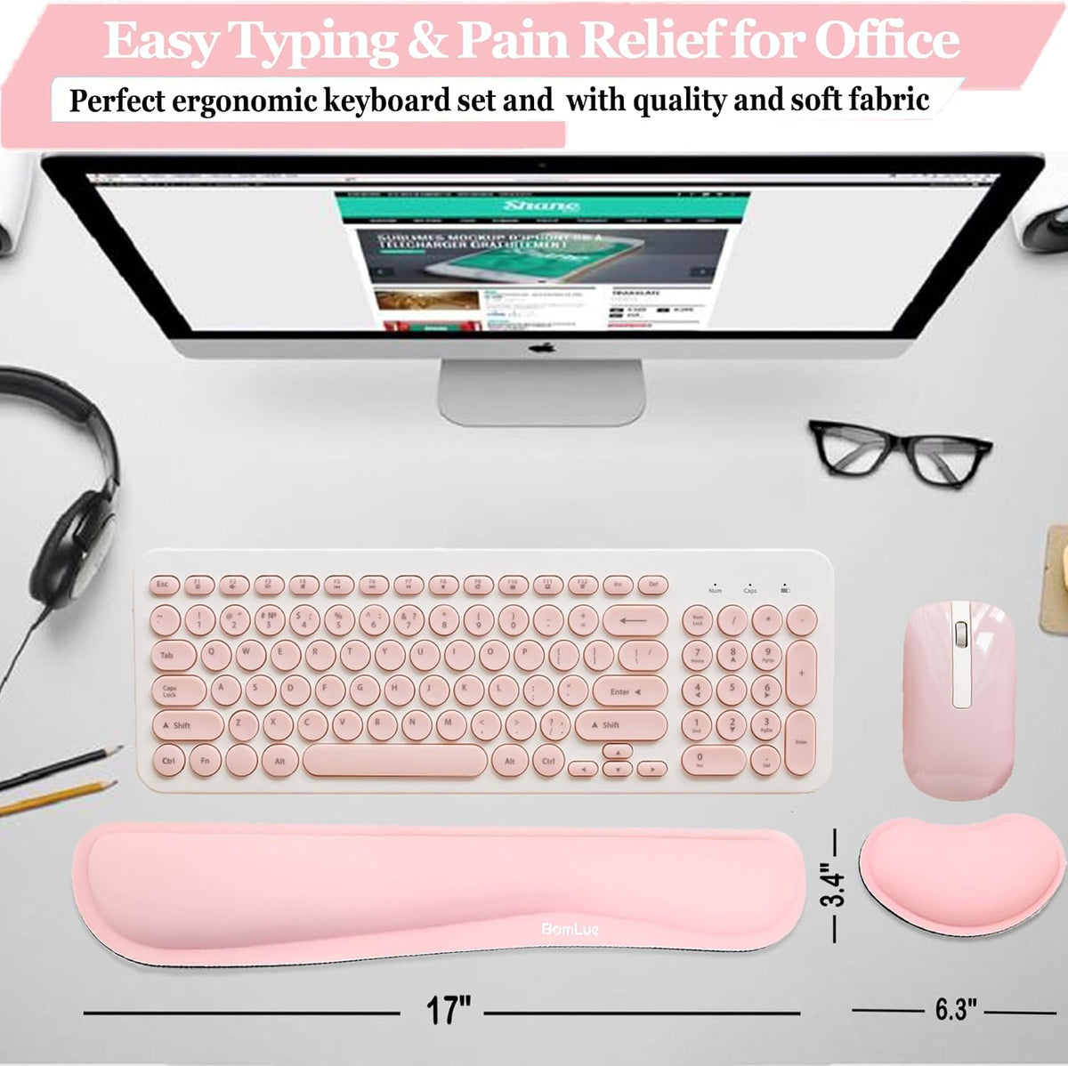 Upgrade Silky and Superfine Fabric Keyboard Wrist Rest, Gel Mouse Wrist Pillow Pad Set for Easy Typing & Pain Relief for Laptop, Office & Home, Ergonomic Sets for Keyboard-Pink
